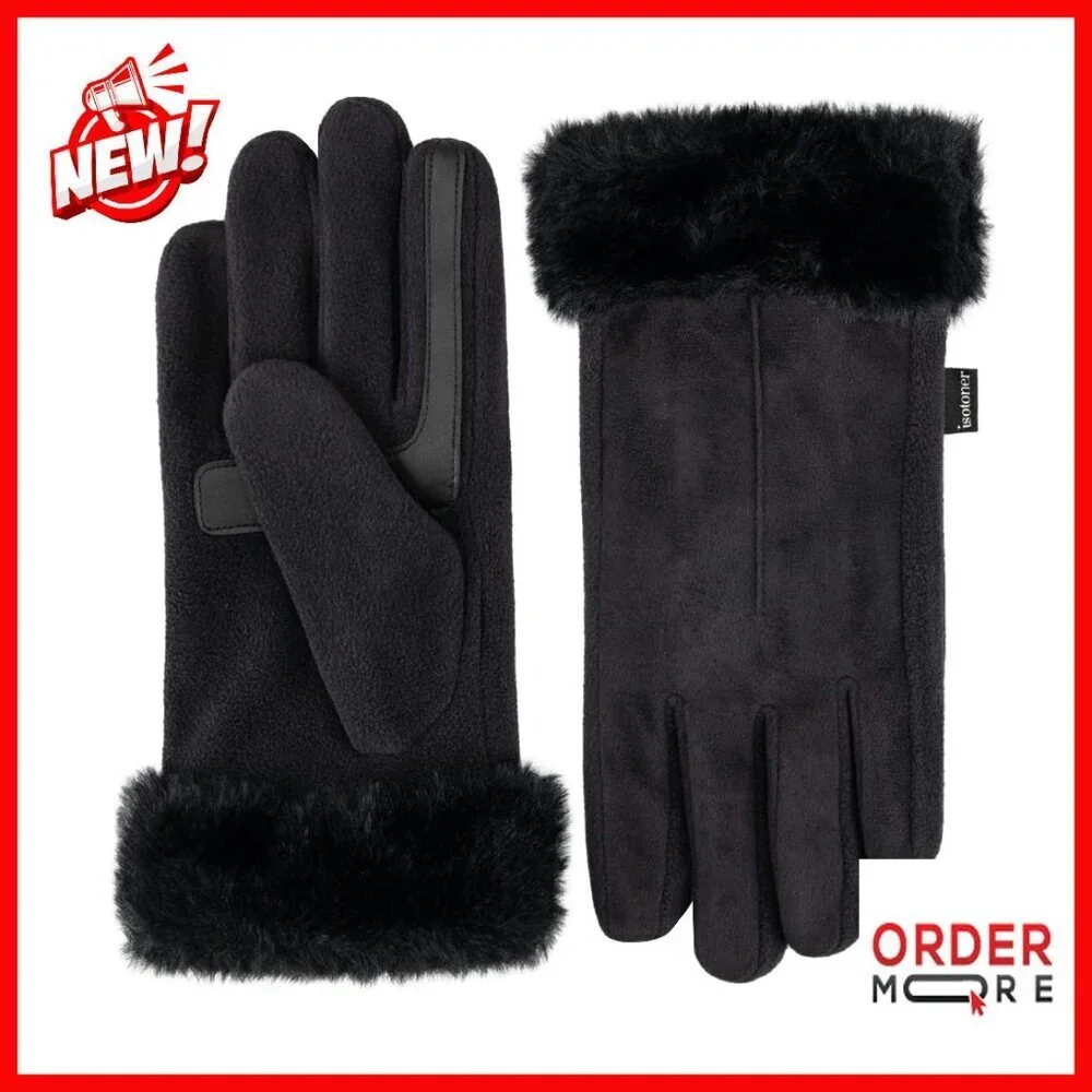 Water Repellent Touchscreen Gloves Faux Fur Cuff Fleece Lined Stretch Fit